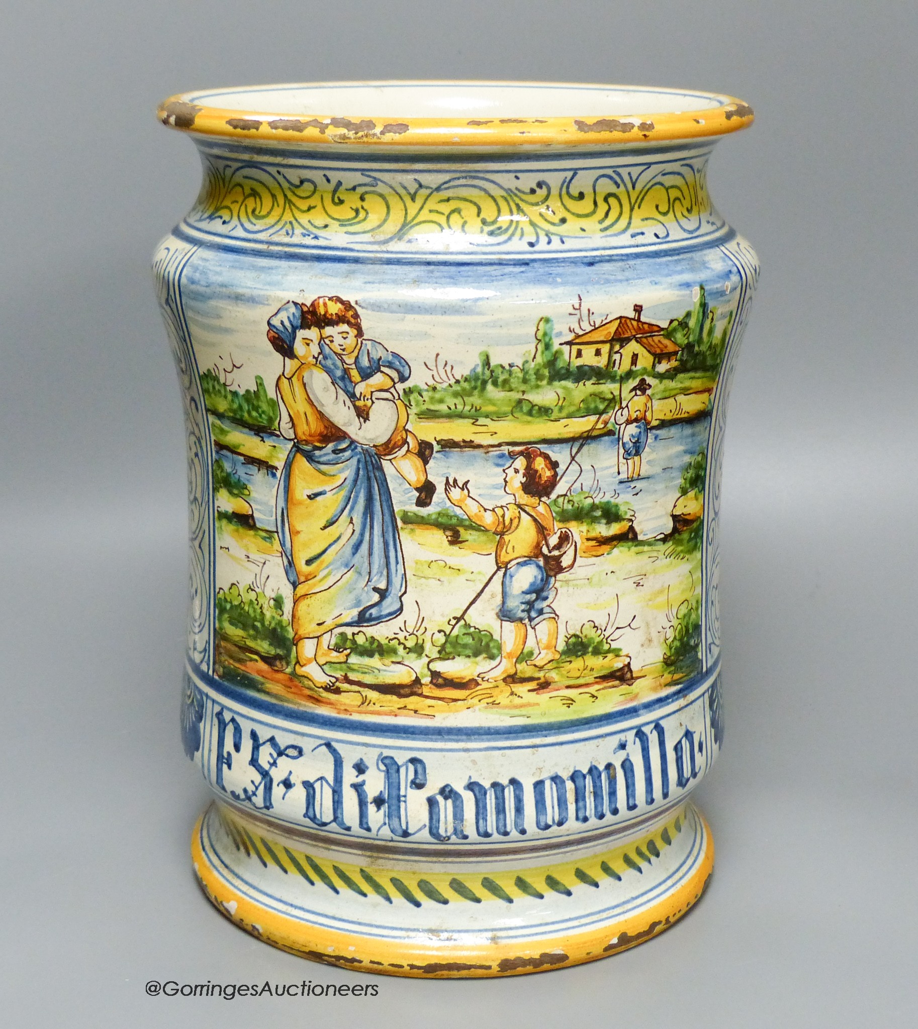 An Italian Orvieto vase or jardinière of albarello form